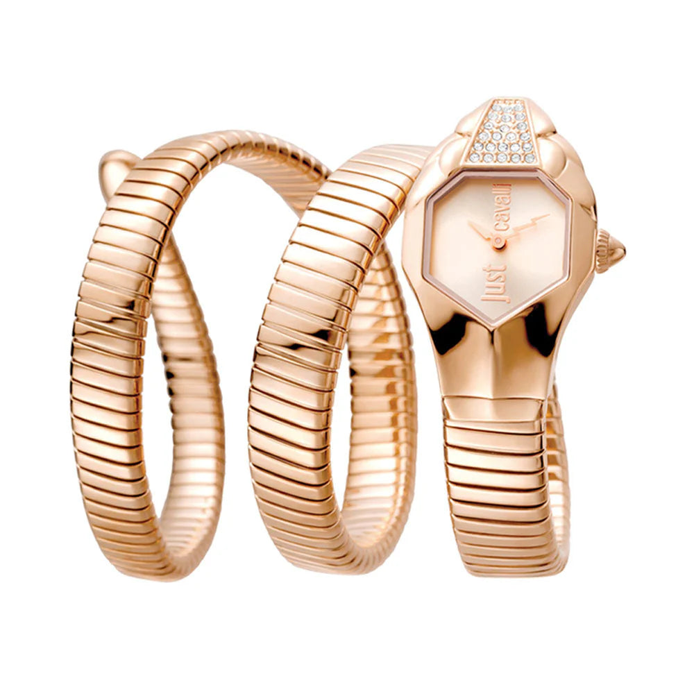 Rose gold watch and bracelet set on a white background