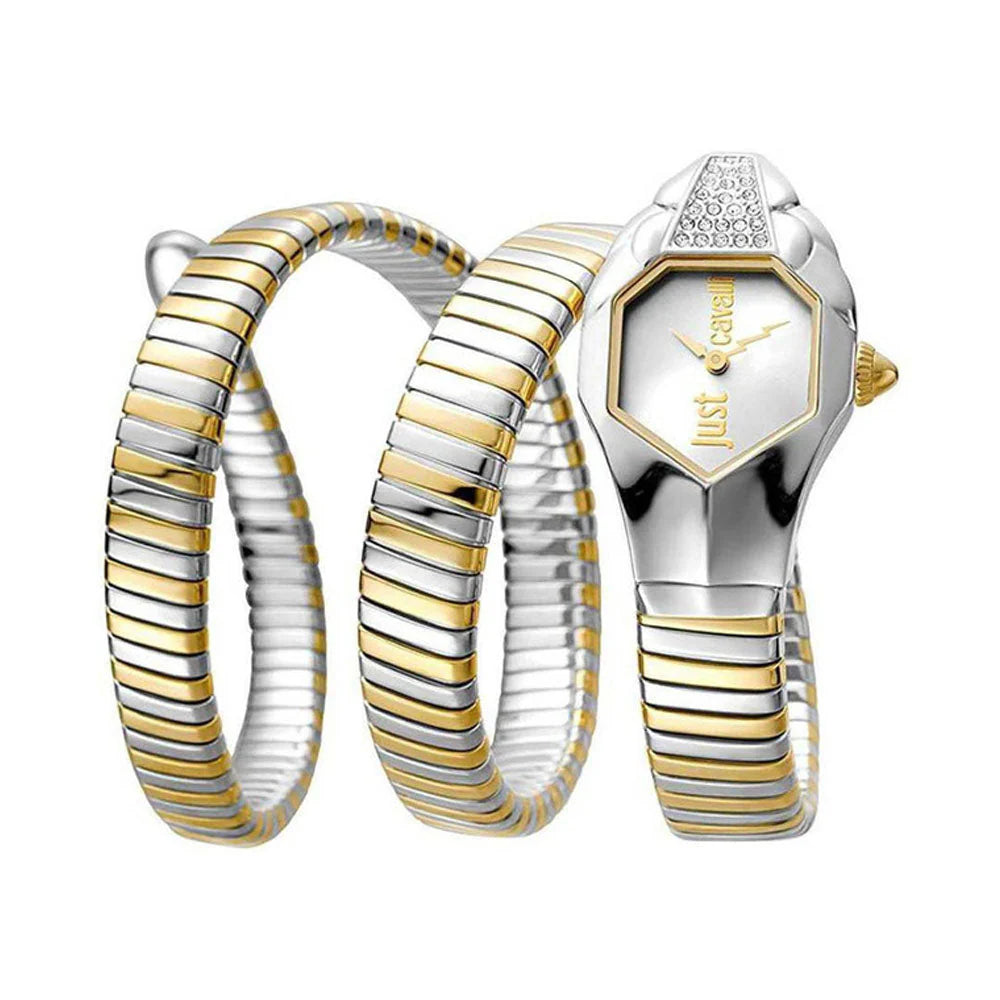 Gold and silver watch with snake-like band on a white background