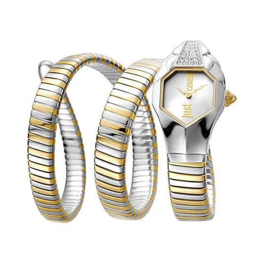 Gold and silver watch with snake-like band on a white background