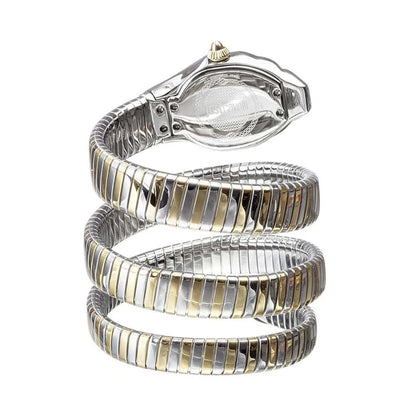 Spiral bracelet with silver and gold tones on a white background