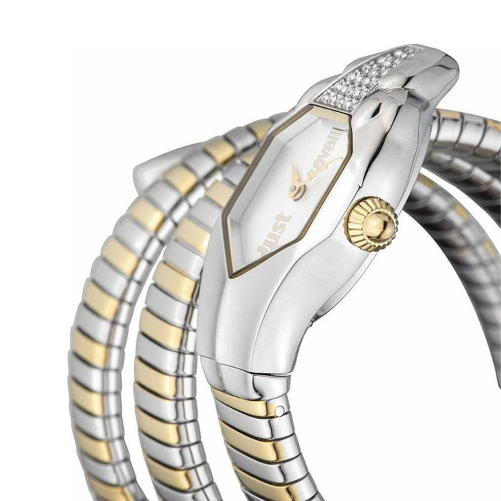 Luxury watch with two-tone snake-shaped strap on a white background