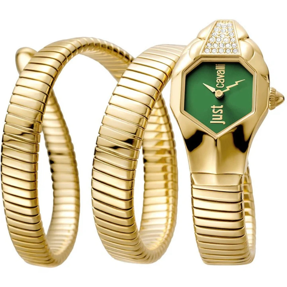 Gold snake-shaped watch with green face and 'Just Cavalli' branding on a white background