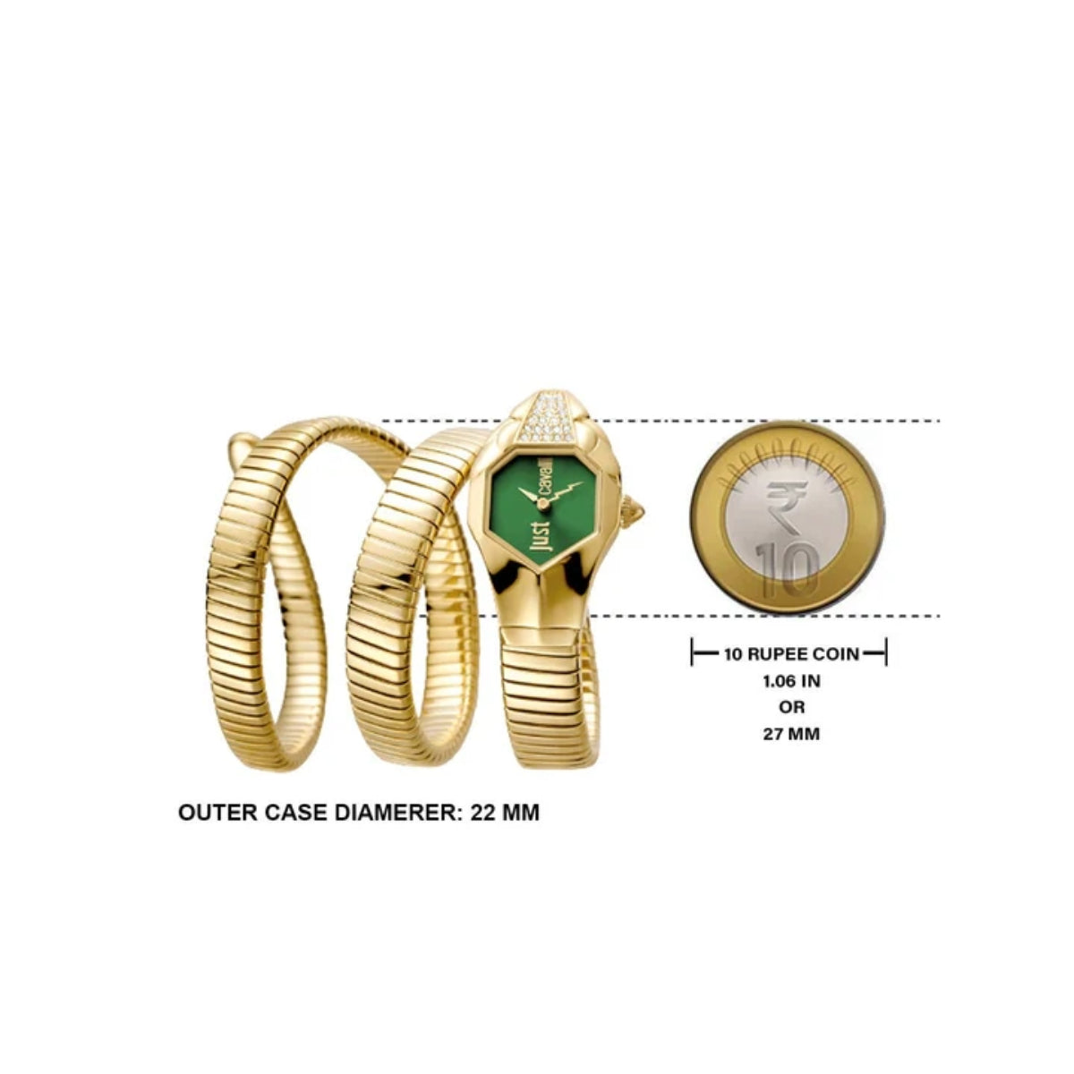 Gold bracelet and watch with size comparison to a rupee coin on a white background