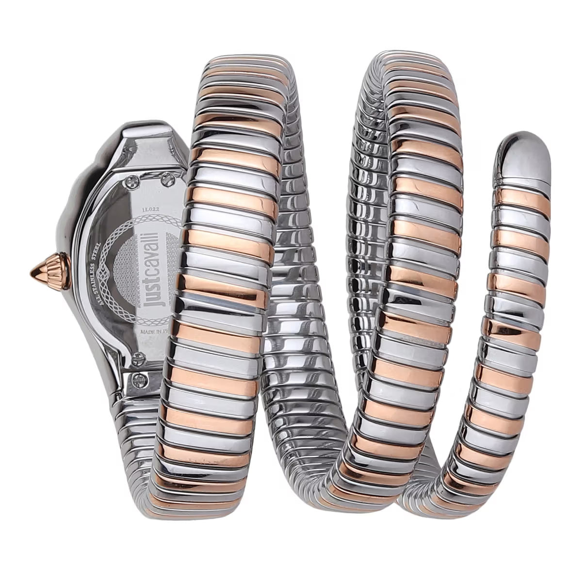 Silver and rose gold watch with matching bracelet on a white background