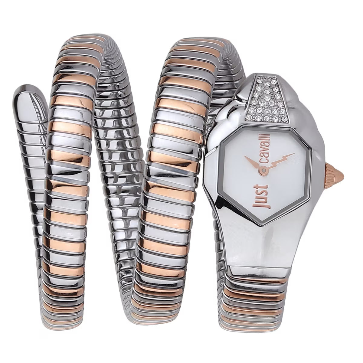 Silver and rose gold watch with matching bracelet on a white background