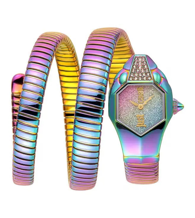 Colorful watch and bracelet set on a white background