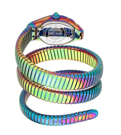 Multicolored spiral watch with Just Cavalli branding on a white background
