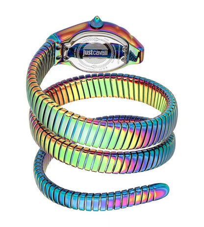 Multicolored snake-shaped watch with Just Cavalli branding on a white background