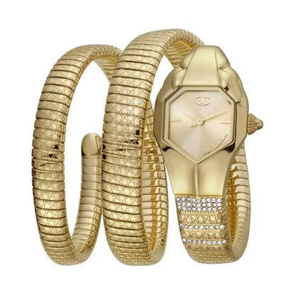 Gold snake-themed watch and bracelet set on a white background