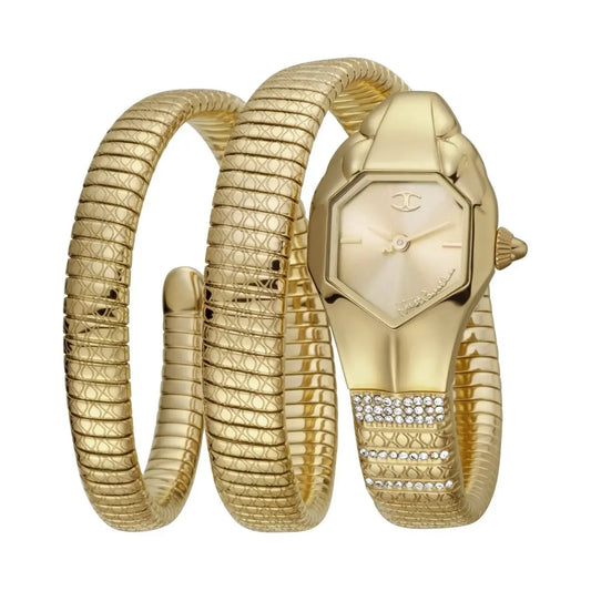 Gold snake-themed watch and bracelet set on a white background