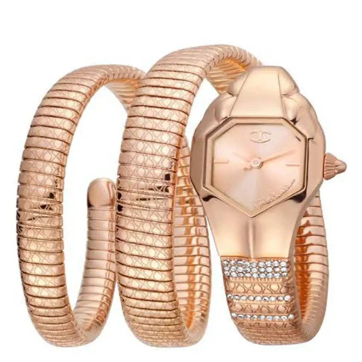 Rose gold snake-shaped watch with detailed design on a white background