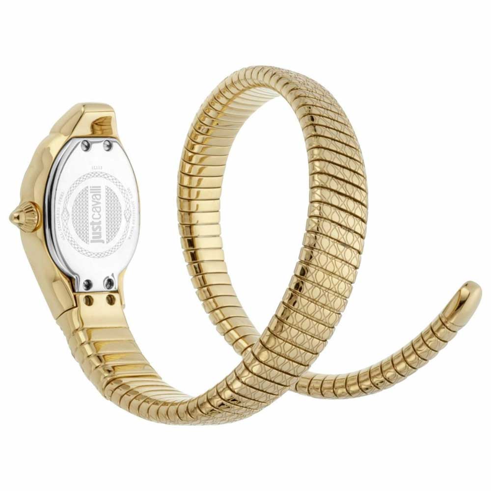 Gold watch with snake-textured strap on a white background
