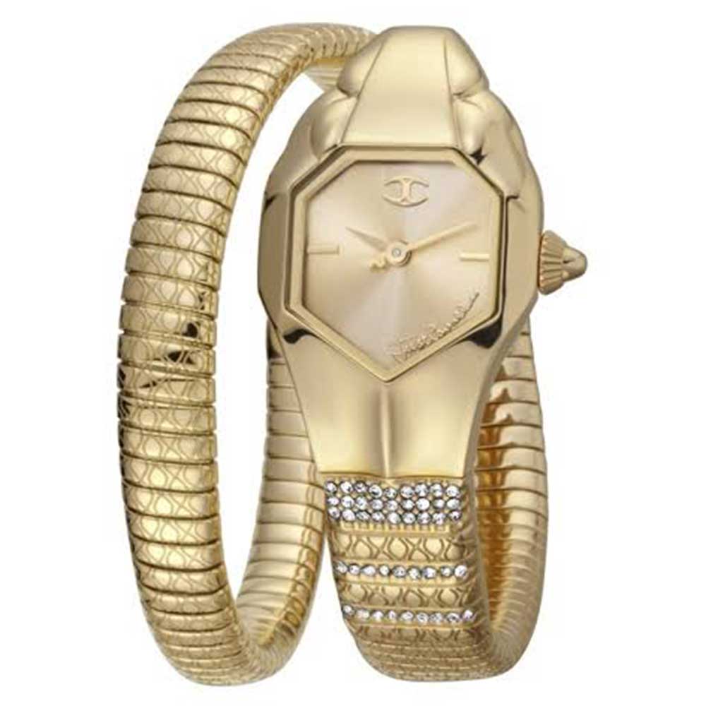 Gold snake-shaped watch with a white background
