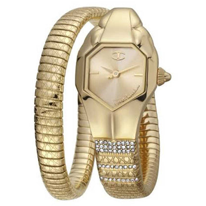 Gold snake-shaped watch with a white background