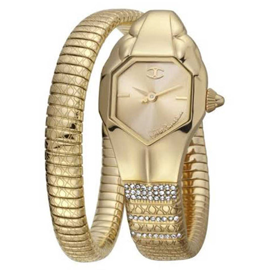 Gold snake-shaped watch with a white background