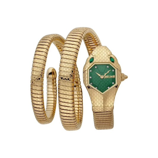 Gold snake-shaped watch with green face on a white background