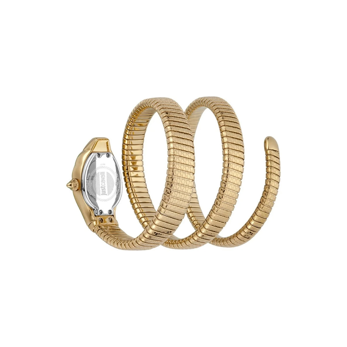 Gold watch with snake-like band on a white background