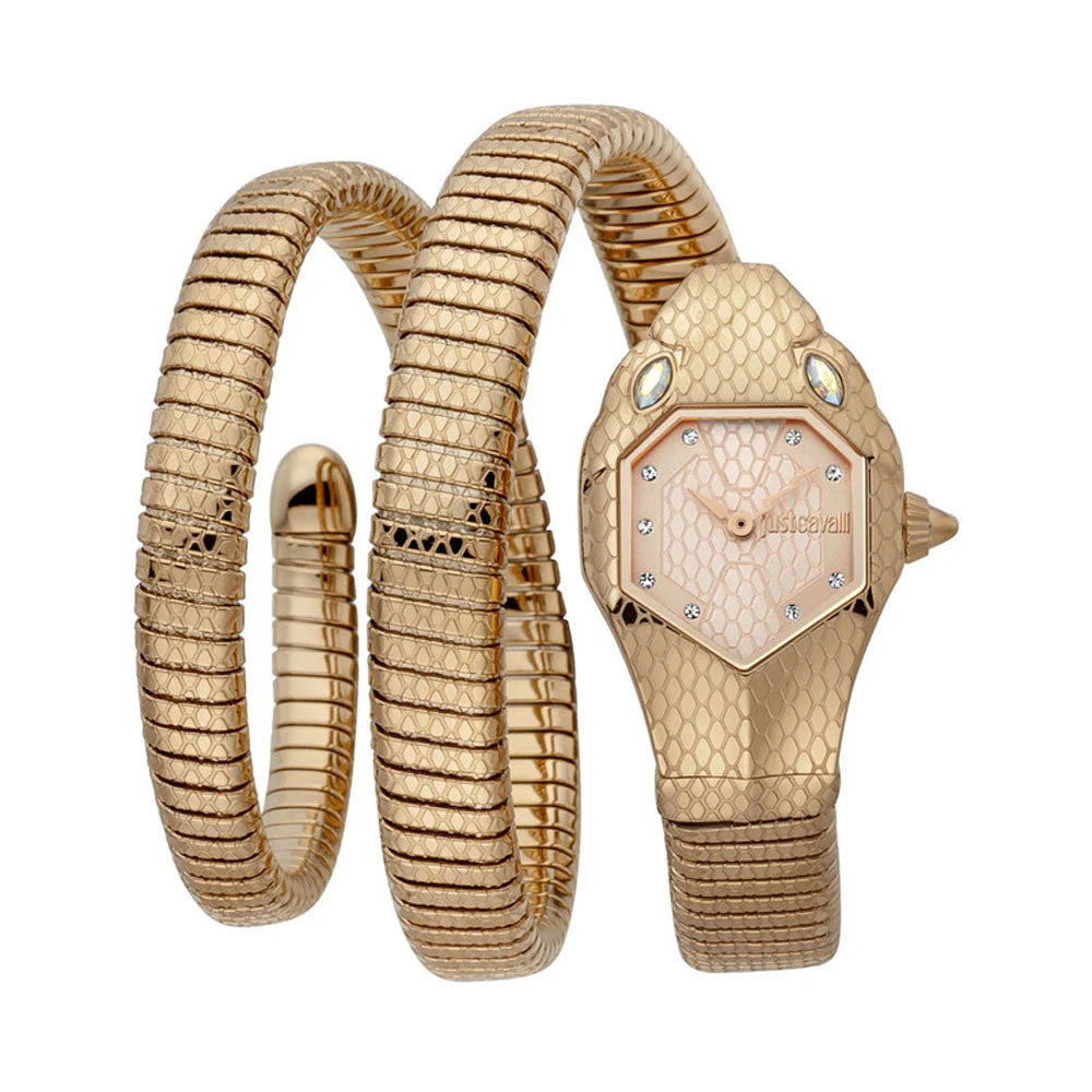 A gold-colored Just Cavalli analog watch designed with a snake-shaped bracelet and a round dial.