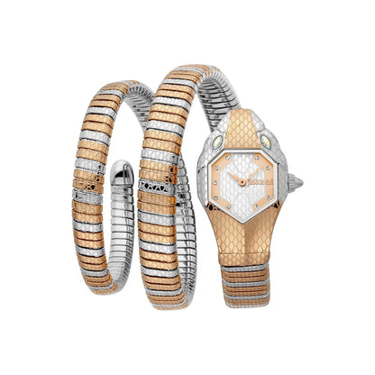 A Just Cavalli analog women's watch with a snake-shaped bracelet in gold and silver colors and a white dial.