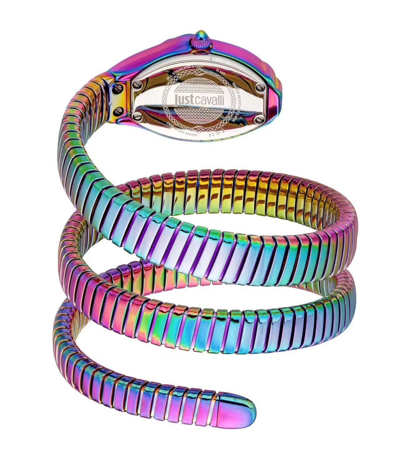 Multicolored spiral watch with Just Cavalli branding on a white background