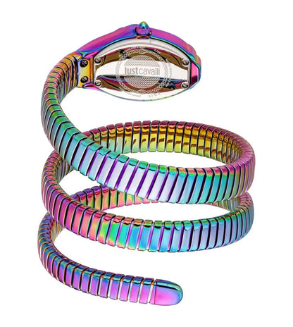 Multicolored spiral watch with Just Cavalli branding on a white background