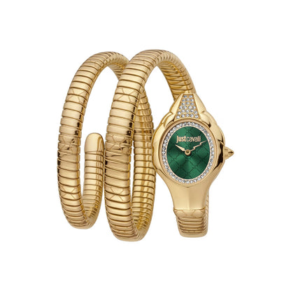 Gold snake-shaped bracelet with a matching watch featuring a green face and diamond accents on a white background.