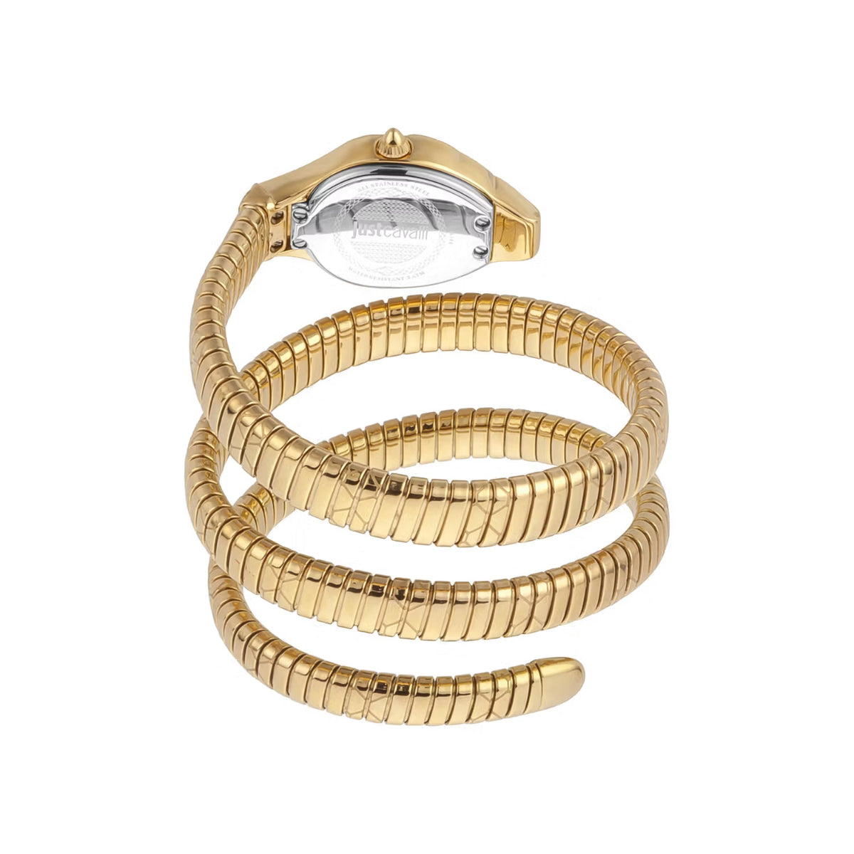 Gold snake-shaped bracelet on a white background