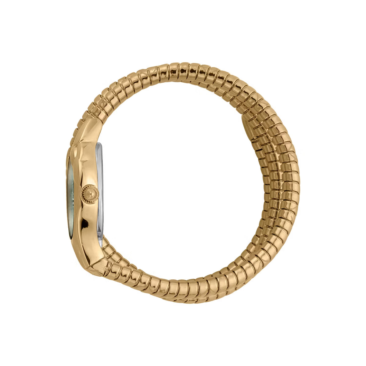 Gold ring with a textured band on a white background