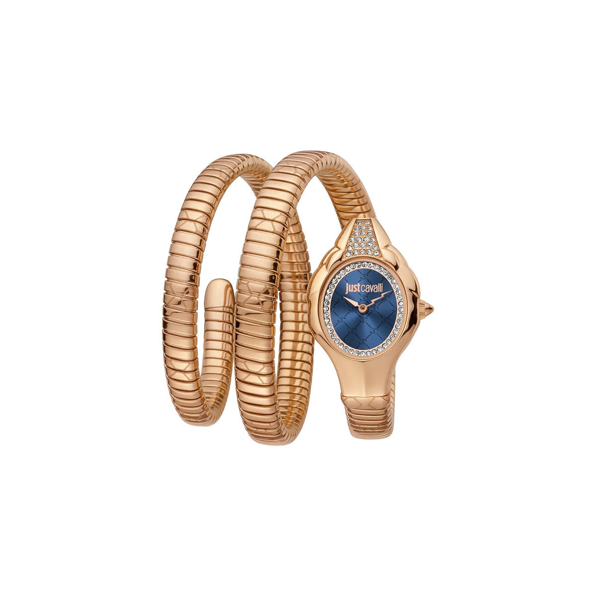 Rose gold watch with blue face on a white background