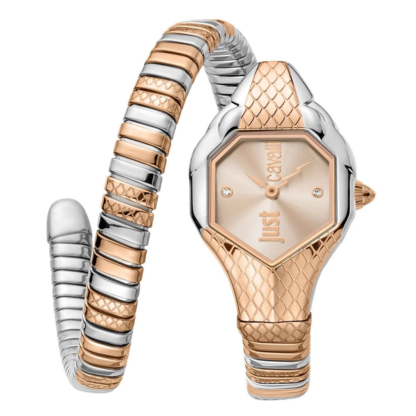A Just Cavalli Glam Evo 6 Family watch for women, with a rose gold case and bracelet, silver accents, and a two-hand movement watch face.