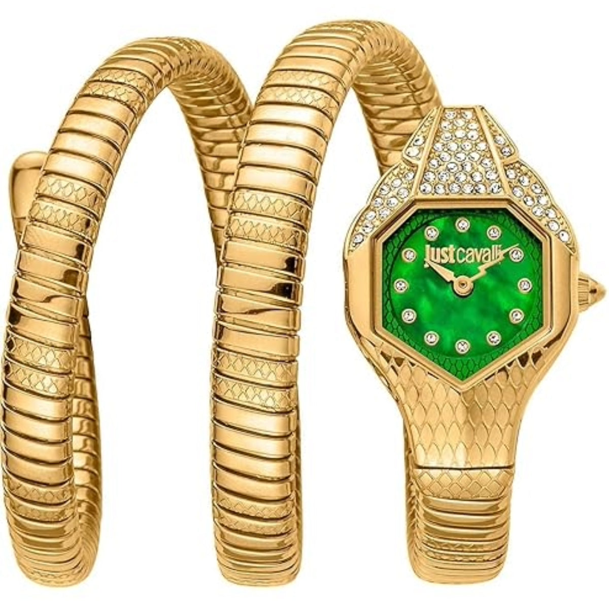 Gold watch with green face and 'Just Cavalli' branding on a white background