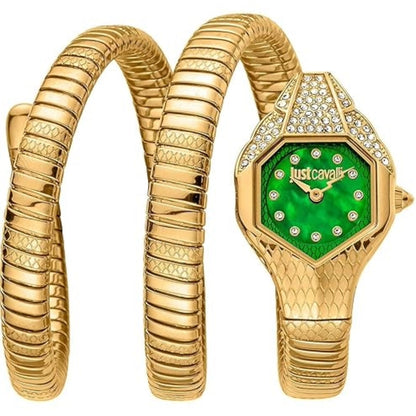 Gold watch with green face and 'Just Cavalli' branding on a white background