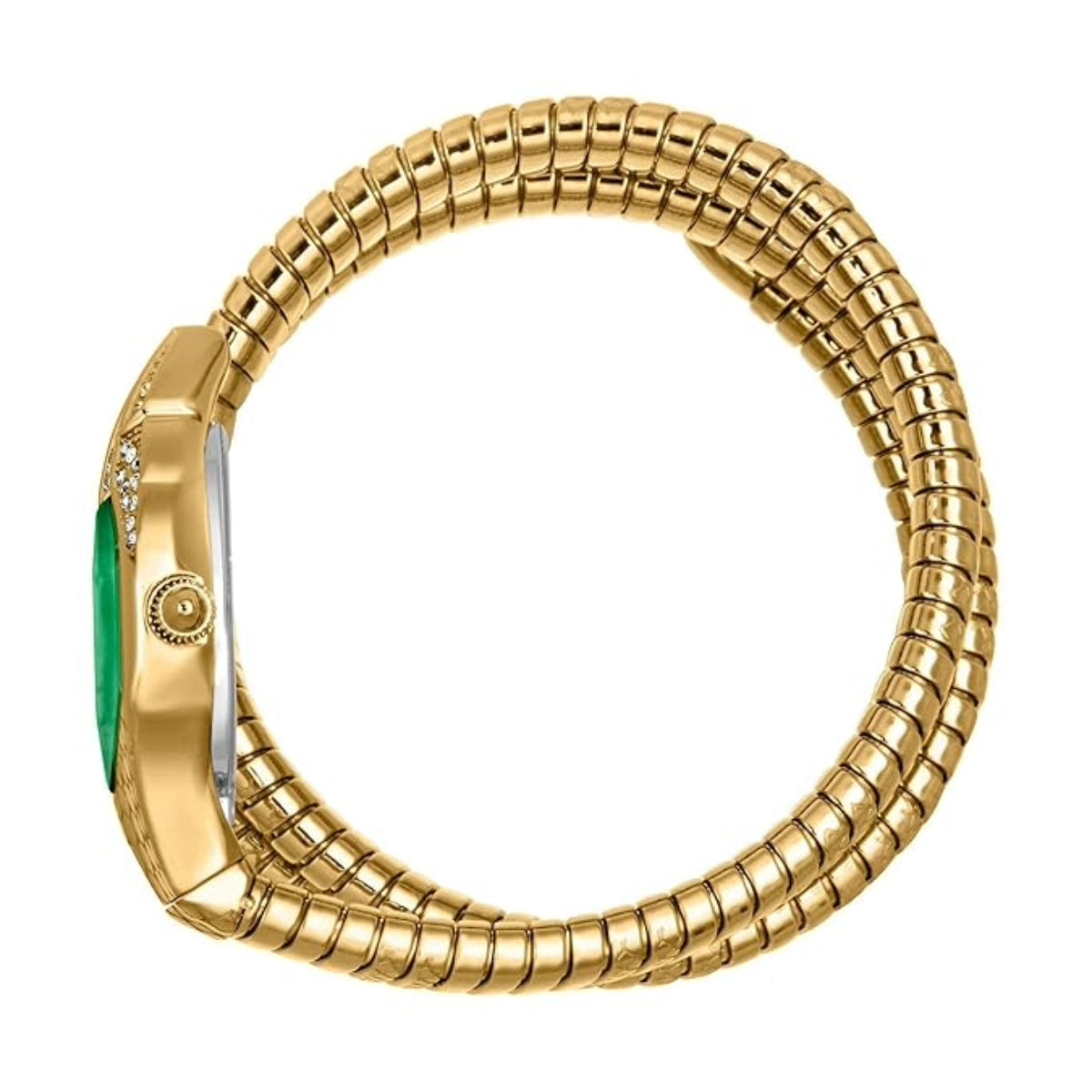 Gold bracelet with a green gemstone on a white background