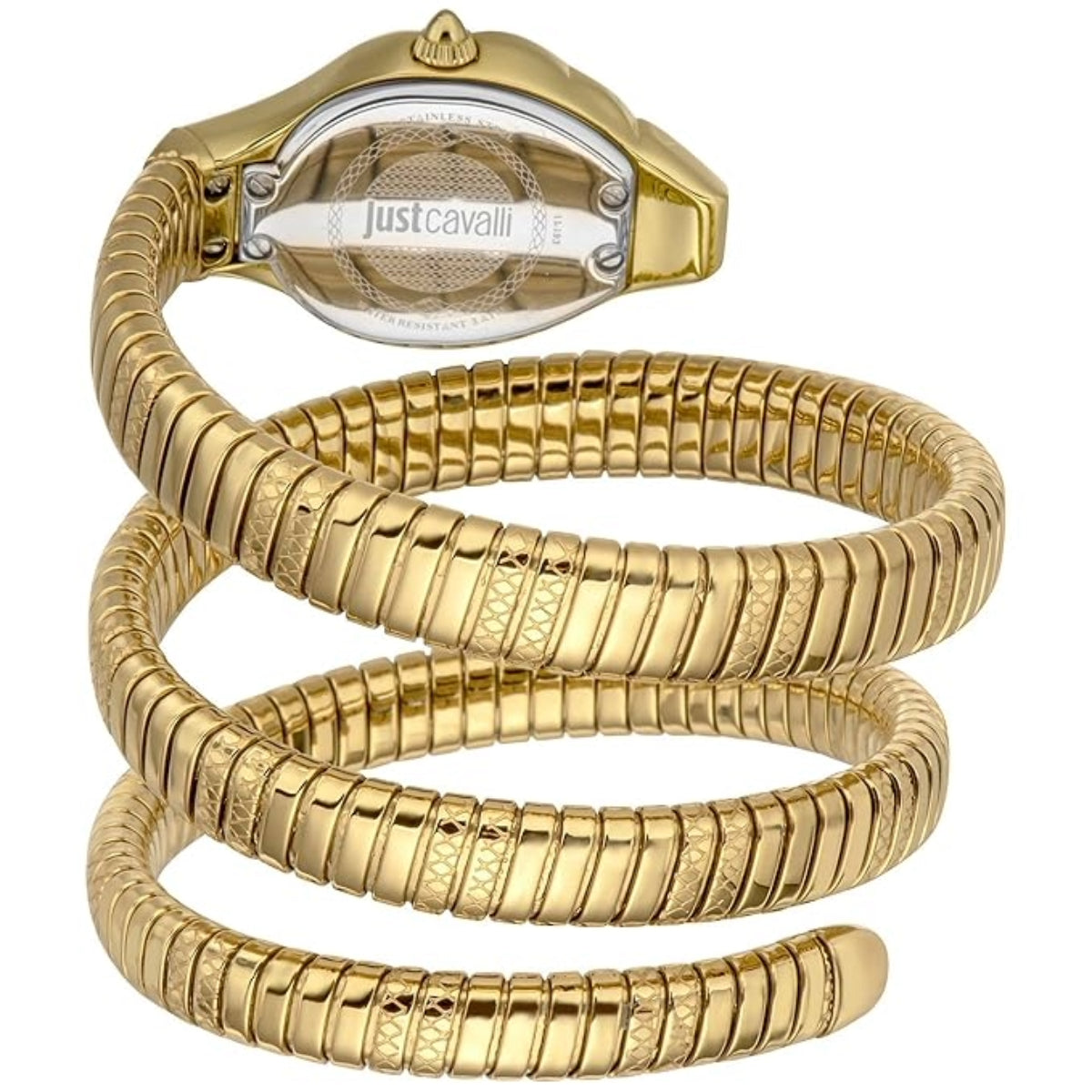 Gold wristwatch with snake-like band on a white background, featuring the brand 'just cavalli'.