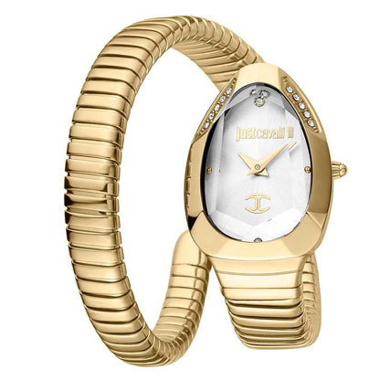 A gold-tone Just Cavalli analog watch with a bracelet design, featuring a silver dial with gold-tone accents and a Just Cavalli logo.
