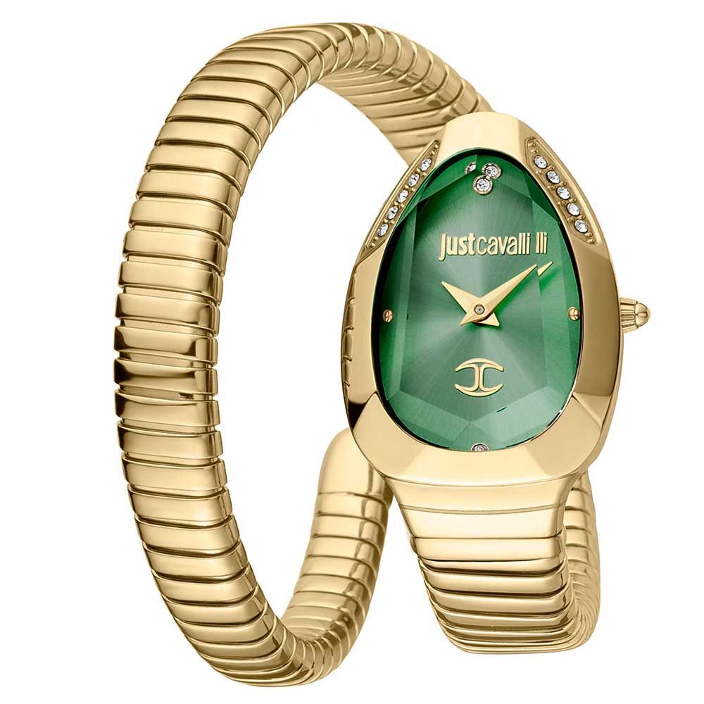 A gold-tone Just Cavalli analog watch with a green dial, gold bracelet, and diamond accents on the bezel.