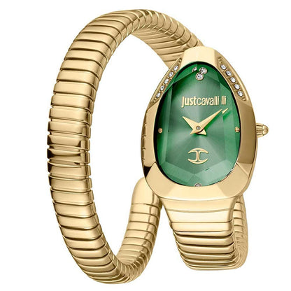 A gold-tone Just Cavalli analog watch with a green dial, gold bracelet, and diamond accents on the bezel.