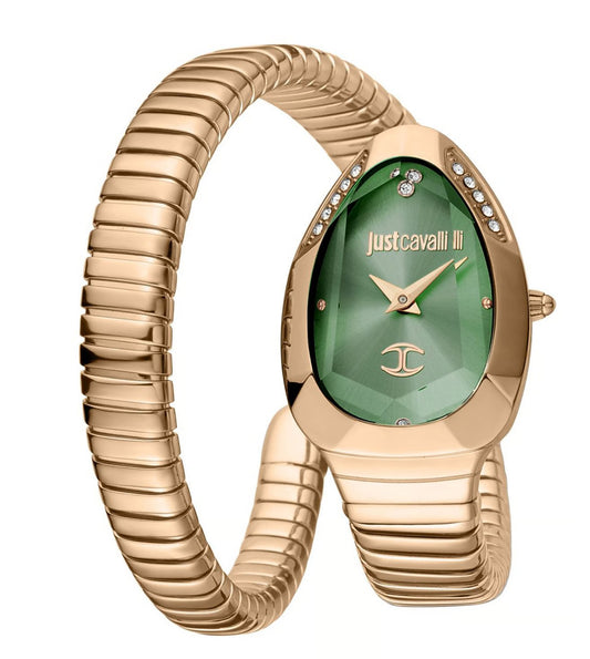A silver-tone Just Cavalli Serpente Metallica watch with a serpent-inspired bracelet, featuring a green dial with the Just Cavalli logo and a silver case.