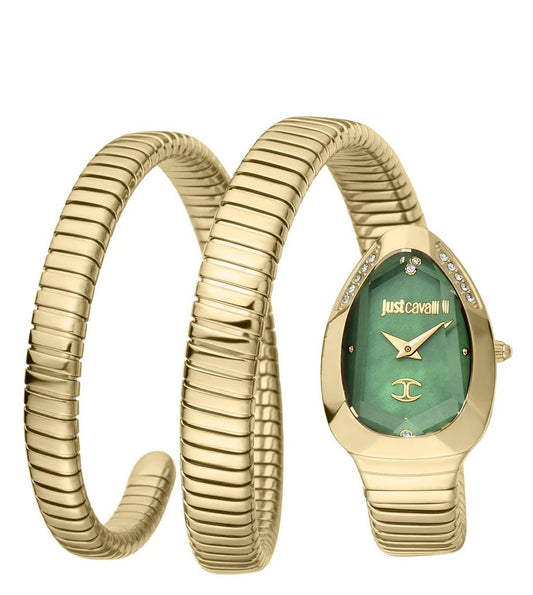A Just Cavalli Serpente Watch for Women with a green-tone bracelet and dial, featuring a serpent-inspired design and a Just Cavalli logo.