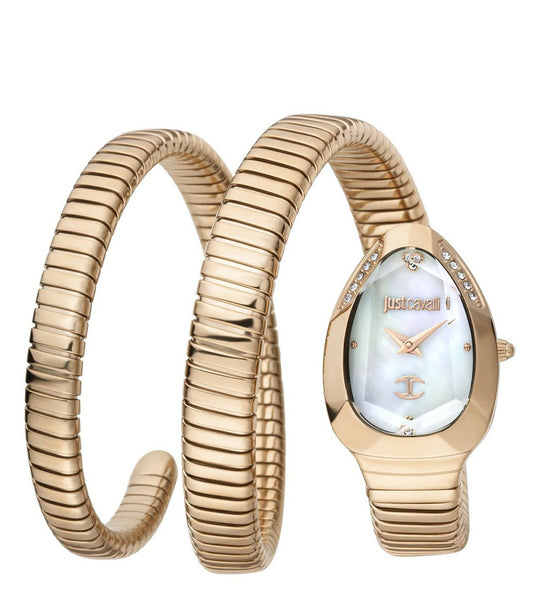 A rose gold-tone Just Cavalli Serpente watch with a serpent-inspired bracelet design and a rose gold-tone dial featuring a Just Cavalli logo.