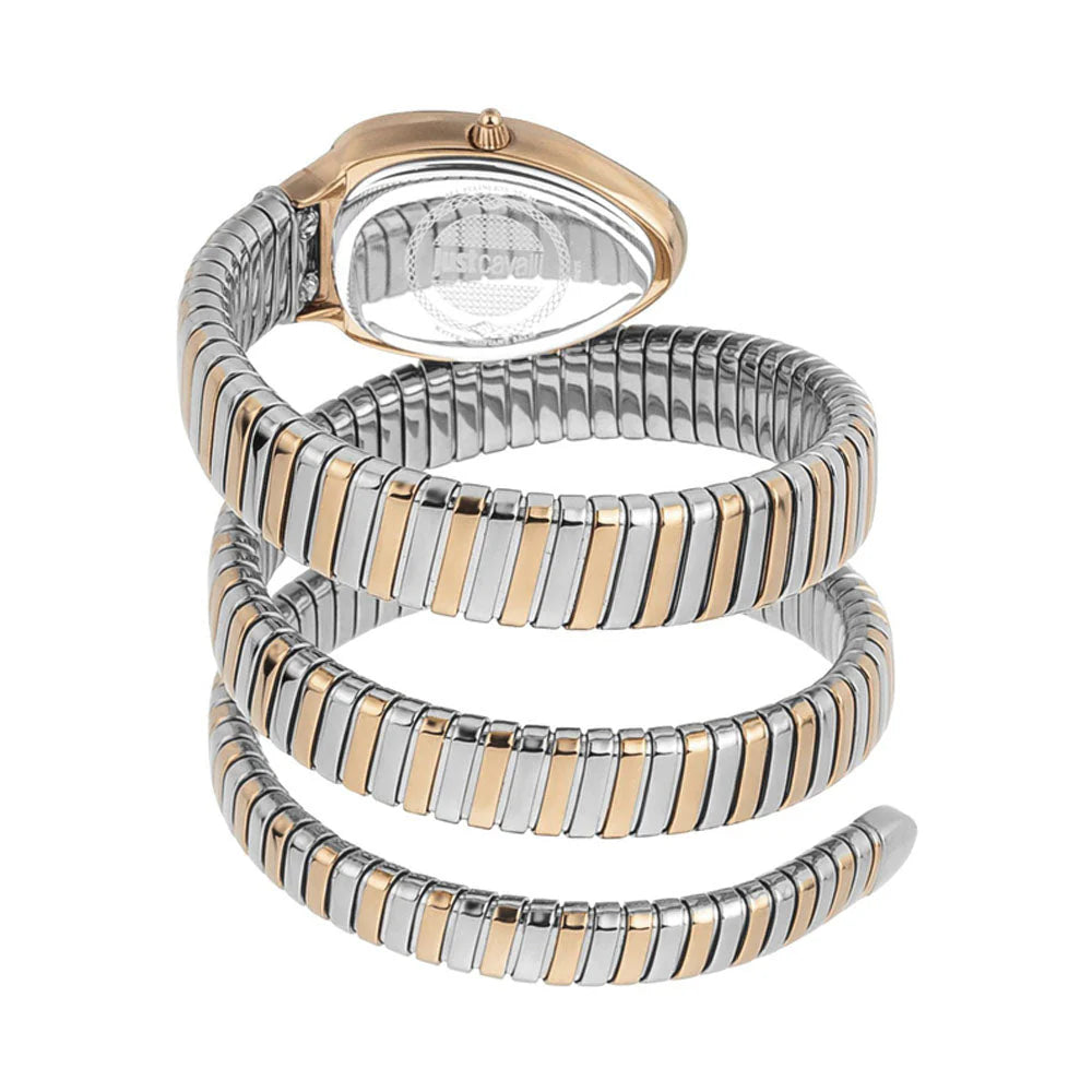 Two-tone watch with gold and silver band on a white background