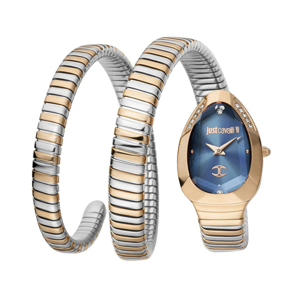Two-tone watch with blue face and Just Cavalli branding on a white background