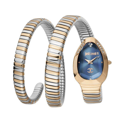 Two-tone watch with blue face and Just Cavalli branding on a white background