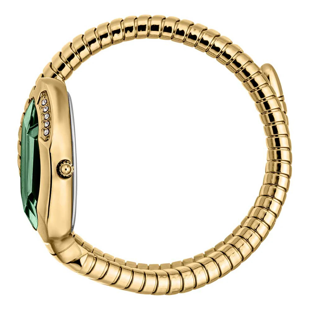 Gold ring with a green gemstone on a white background