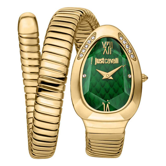 Gold watch with green face and Just Cavalli branding on a white background