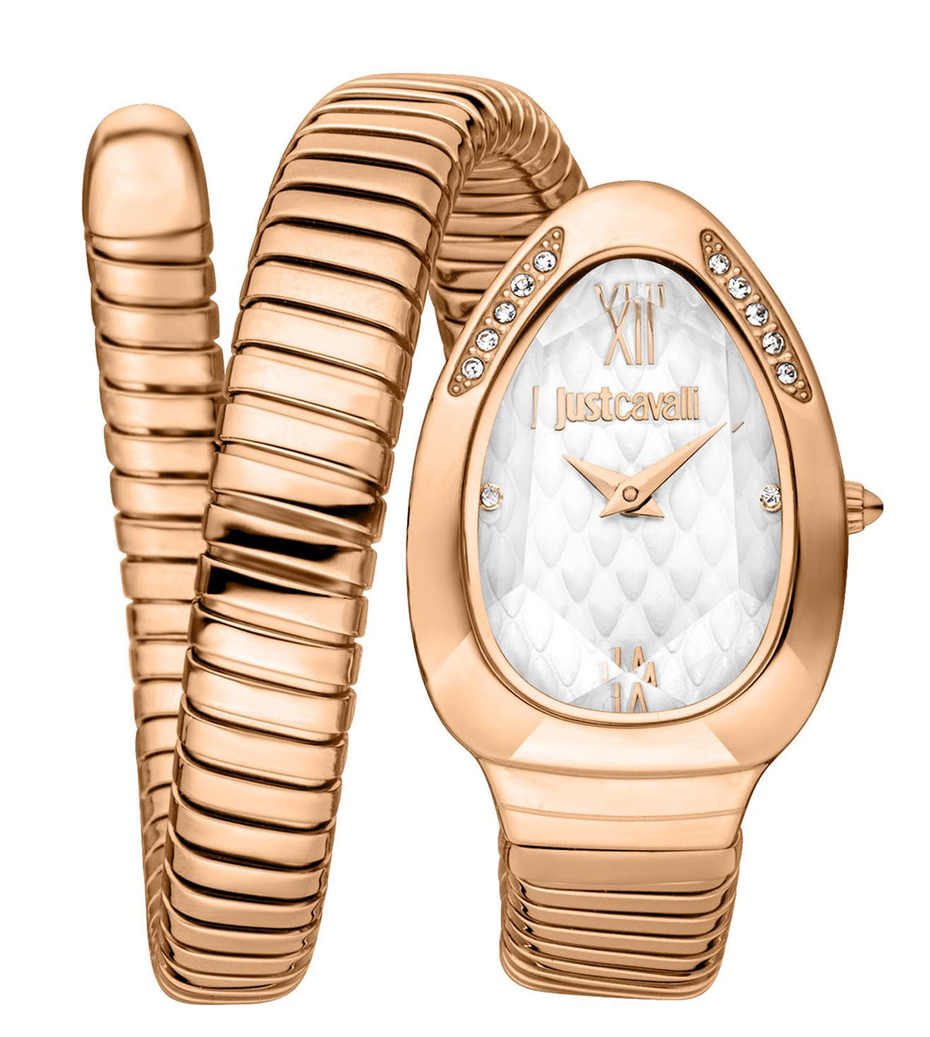 A gold-tone stainless steel Just Cavalli watch with a diamond-accented dial and a linked bracelet.