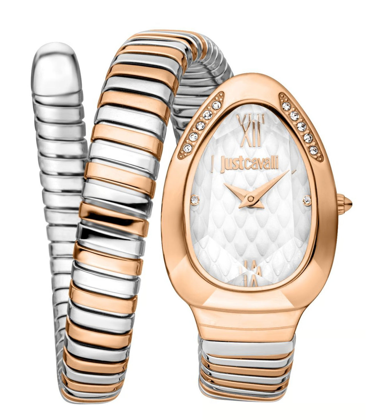 A Just Cavalli Taglio Solo women's watch with a silver-tone stainless steel bracelet, silver case, and rose gold accents, featuring a minimalist dial with the brand logo.