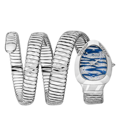 A silver-colored Just Cavalli analog women's watch with a coiled strap and a blue and silver dial.