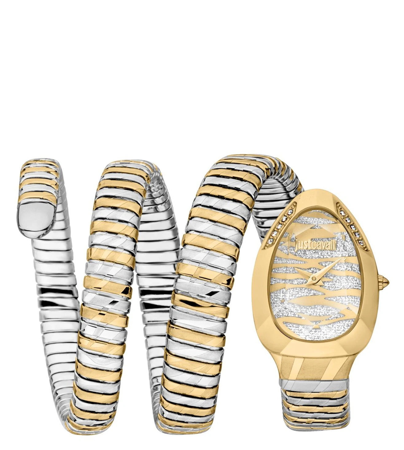 A Just Cavalli women's watch with a silver-tone dial and a stainless steel band, featuring a serpentine design.