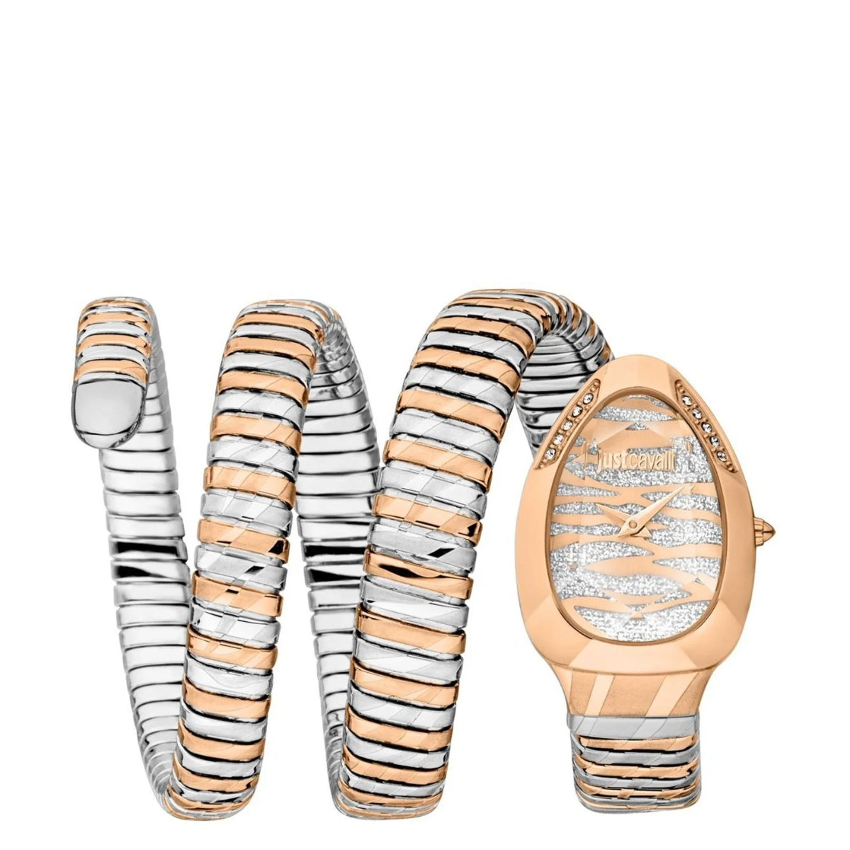 Two gold and silver bracelets with a matching watch on a white background